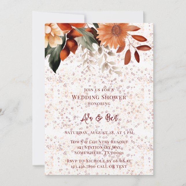  Fall Burgundy Orange Floral Wedding Shower Invitation (Front)