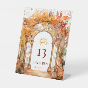 Fall Burgundy Orange Floral Wedding Table Number  Pedestal Sign