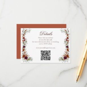 Fall Burgundy & Orange Florals Wedding QR Code Enclosure Card