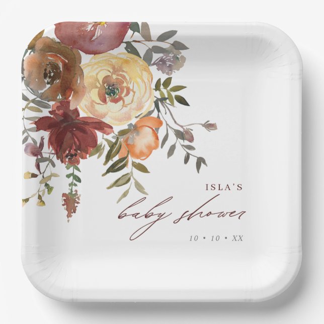 Fall Burgundy & Orange Flowers Baby Shower Paper Plate (Front)