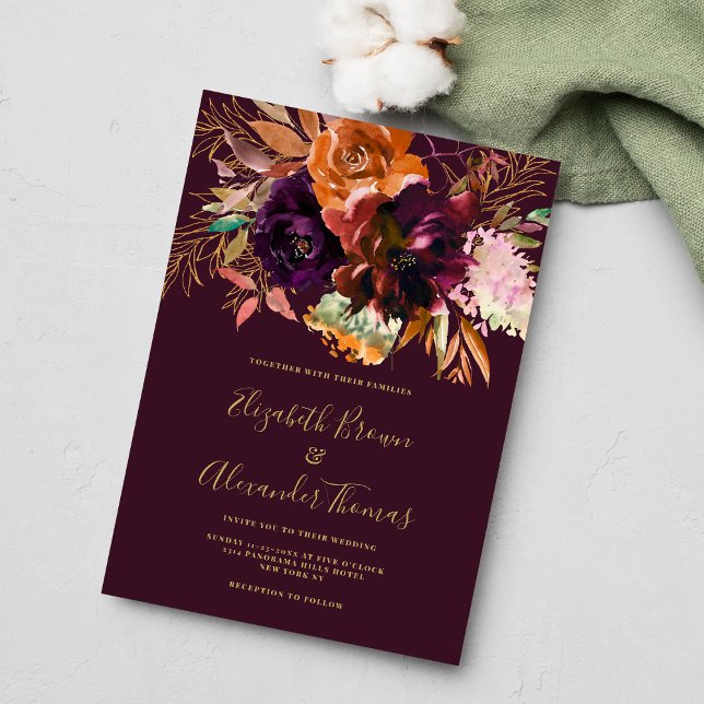 Fall burgundy peach brown gold pink floral wedding invitation (Fall burgundy peach brown gold pink floral wedding )