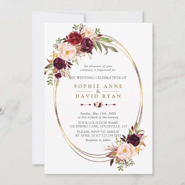 Fall Burgundy Red Marsala Floral Gold Wedding Invitation (Front)