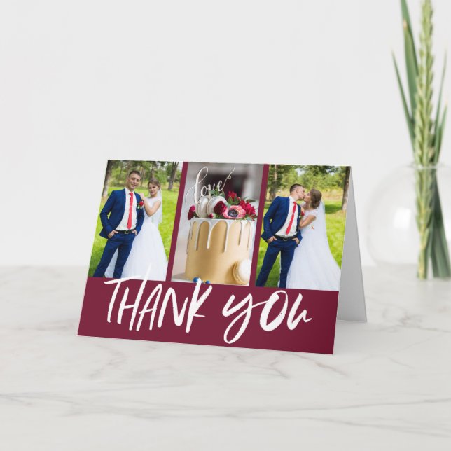 Fall Burgundy Red Modern Photo Wedding Thank You Card (Front)