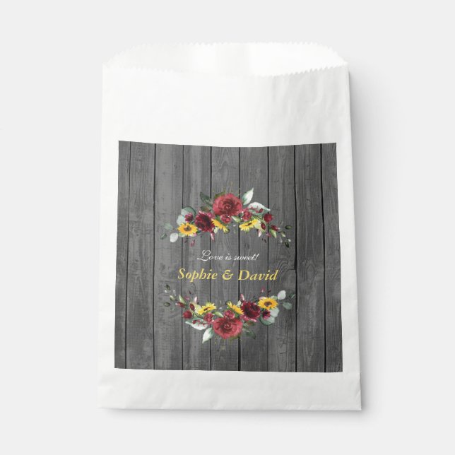 Fall Burgundy Roses Sunflowers Barn Wood Wedding Favour Bags (Front)