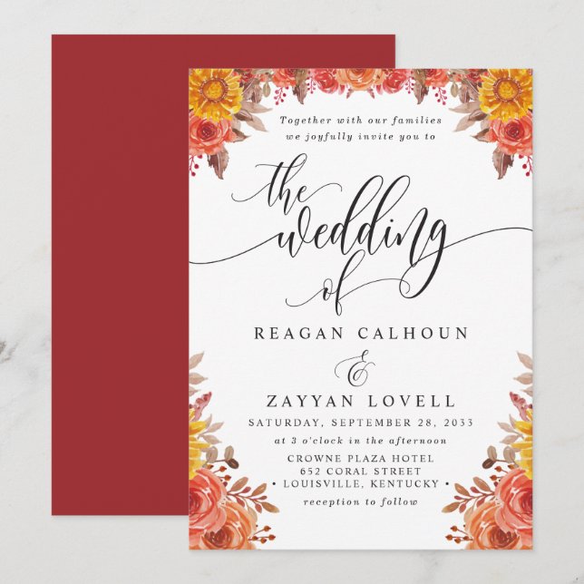 Fall Burgundy Terracotta Floral Wedding  Invitation (Front/Back)