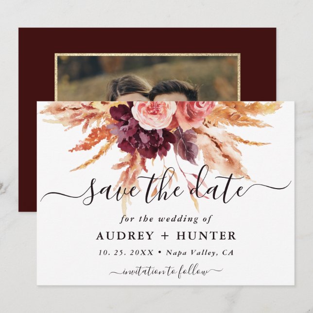 Fall Burgundy Terracotta Floral Wedding Photo Save The Date (Front/Back)