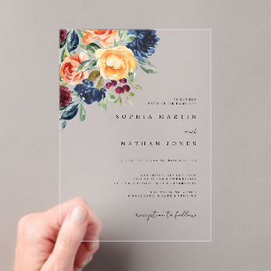 Fall Burgundy Watercolor Florals Wedding Acrylic Invitations