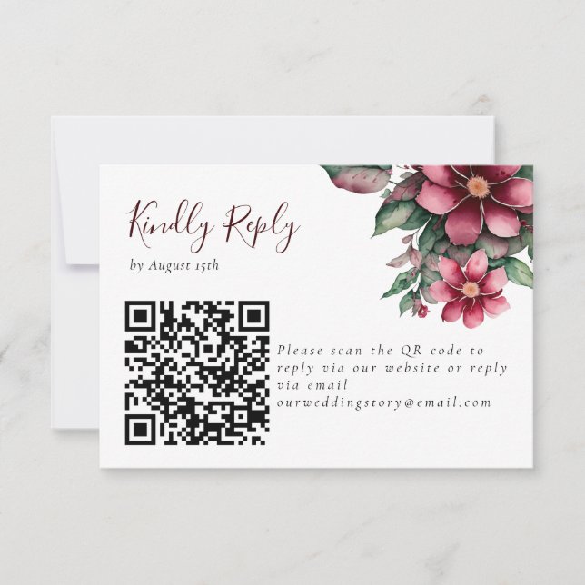 Fall Burgundy Wedding QR Code Floral RSVP Card (Front)