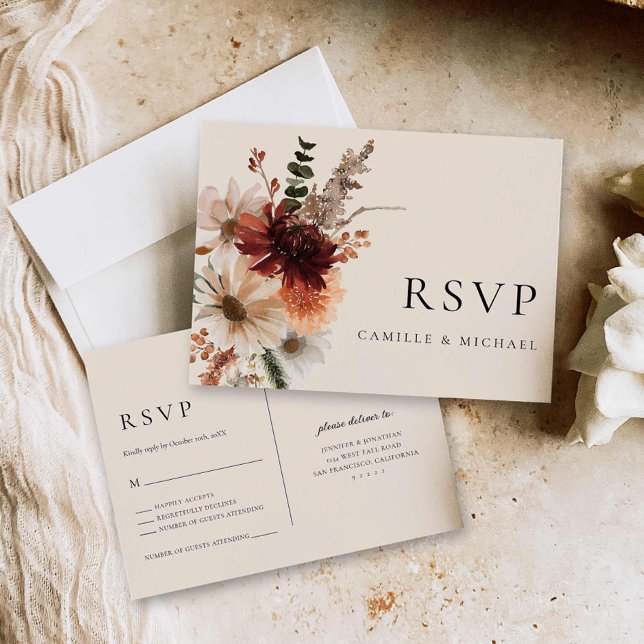 Fall Burgundy Wedding Rsvp Postcard (Fall Elegant Wedding Rsvp Card)
