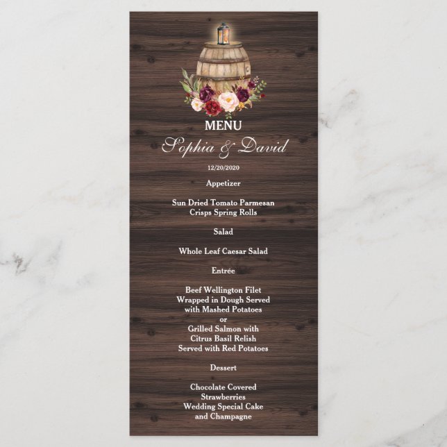 Fall Burgundy Wine Barrel Floral Barn Wedding Menu (Front)