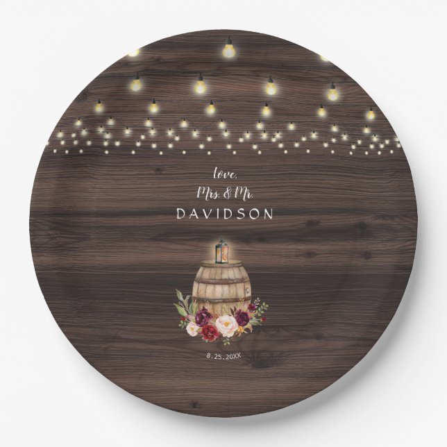 Fall Burgundy Wine Barrel Floral Wedding Paper Plate (Front)