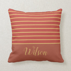 Fall Burnt Orange and Gold Last Name Striped Cushion