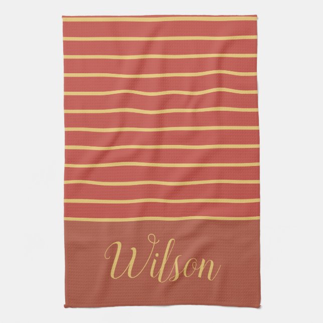 Fall Burnt Orange and Gold Last Name Striped Tea Towel (Vertical)