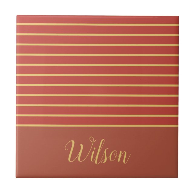 Fall Burnt Orange and Gold Last Name Striped Tile (Front)