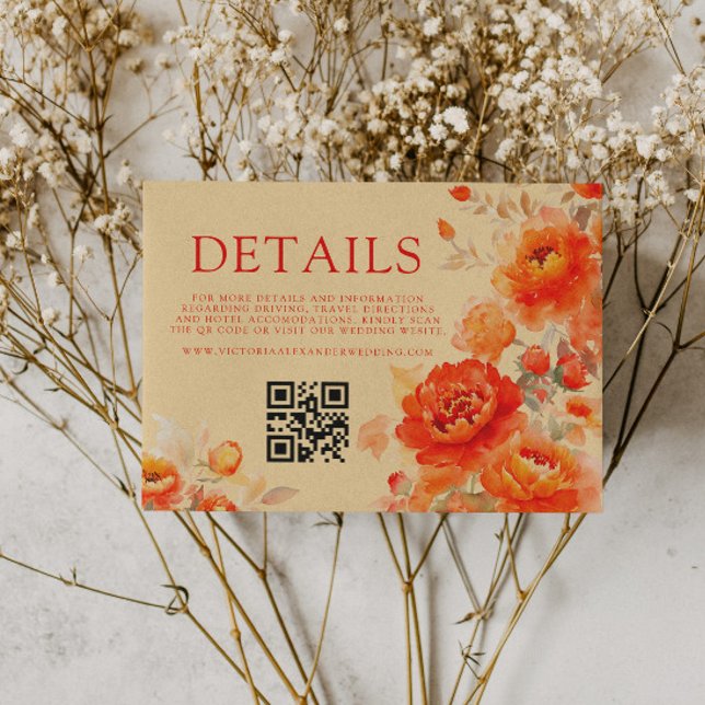Fall Burnt Orange Floral Qr Code Wedding Details Enclosure Card (Creator Uploaded)