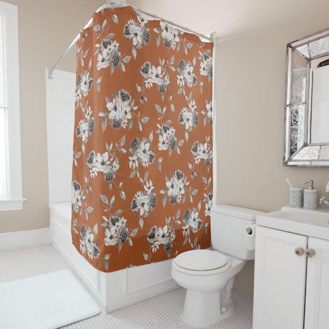 Fall Burnt Orange Floral Shower Curtain (In Situ)