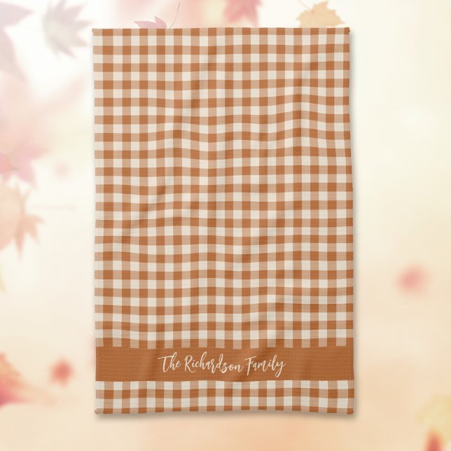 Fall Burnt Orange Gingham Autumn Plaid Custom Name Tea Towel (Creator Uploaded)
