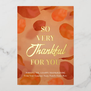 Fall Burnt Orange Leaves Thankful Thanksgiving Foil Holiday Card