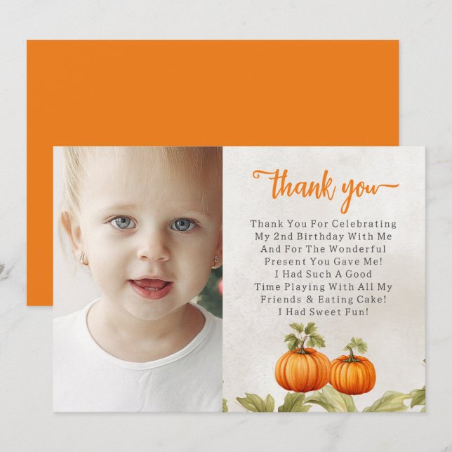 Fall Burnt Orange Pumpkin Patch Birthday Thank You Card (Front/Back)