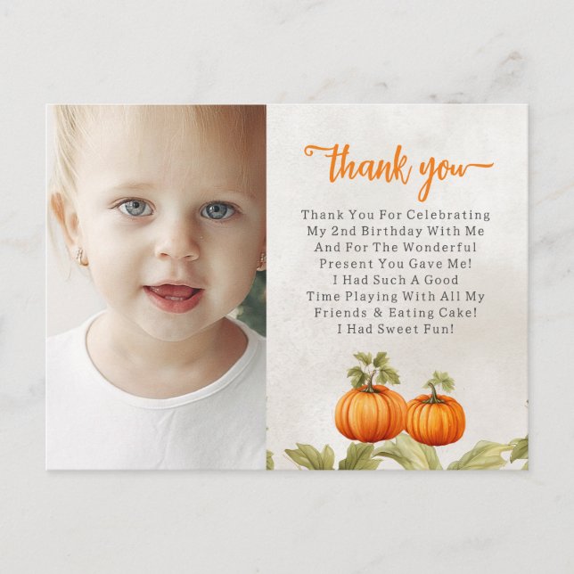 Fall Burnt Orange Pumpkin Patch Birthday Thank You Postcard (Front)