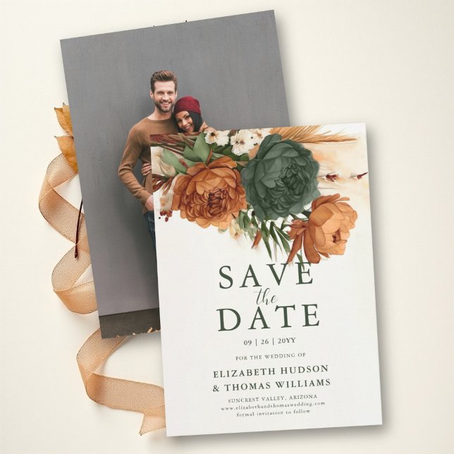 Fall Burnt Orange Rust Green Boho Pampas Wedding Save The Date (Burnt Orange Rust Green Boho Pampas Fall Wedding Save the Date Engagement Photo Elegant Romantic)