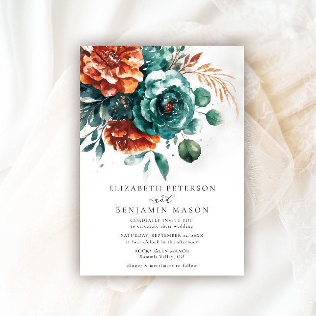 Fall Burnt Orange Teal Roses Botanical Wedding Invitation (fall wedding invitation teal burnt orange terracotta watercolor bohemian floral rustic barn garden)