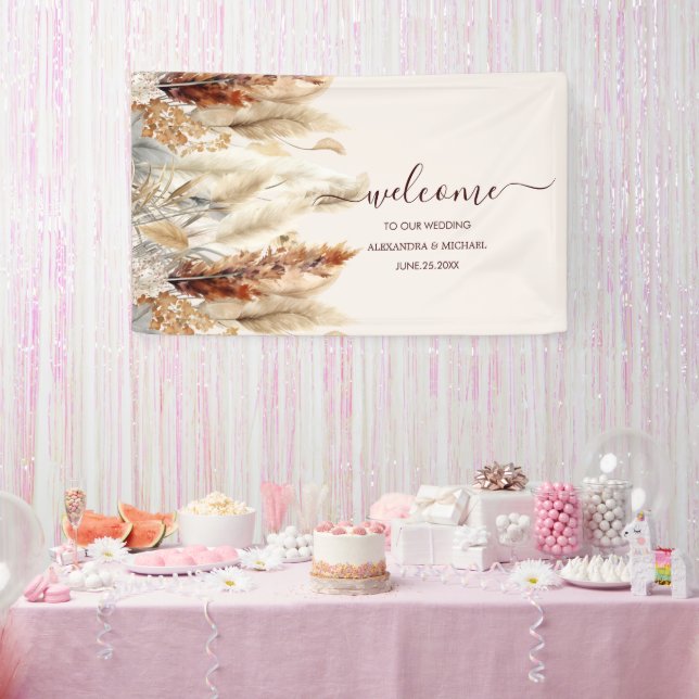 Fall Burnt Orange Watercolor Pampas Grass Wedding Banner (Party)