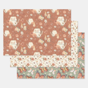 Fall Butterfly BOHO Floral Autumn Thanksgiving Wrapping Paper Sheet