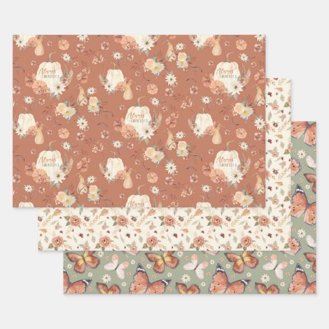Fall Butterfly BOHO Floral Autumn Thanksgiving Wrapping Paper Sheet (Set)