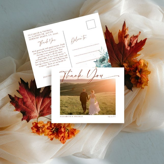 Fall Calligraphy Romantic Wedding Photo Thank You Postcard (fall wedding shower baby photo thank you teal burnt orange terracotta calligraphy watercolor floral)