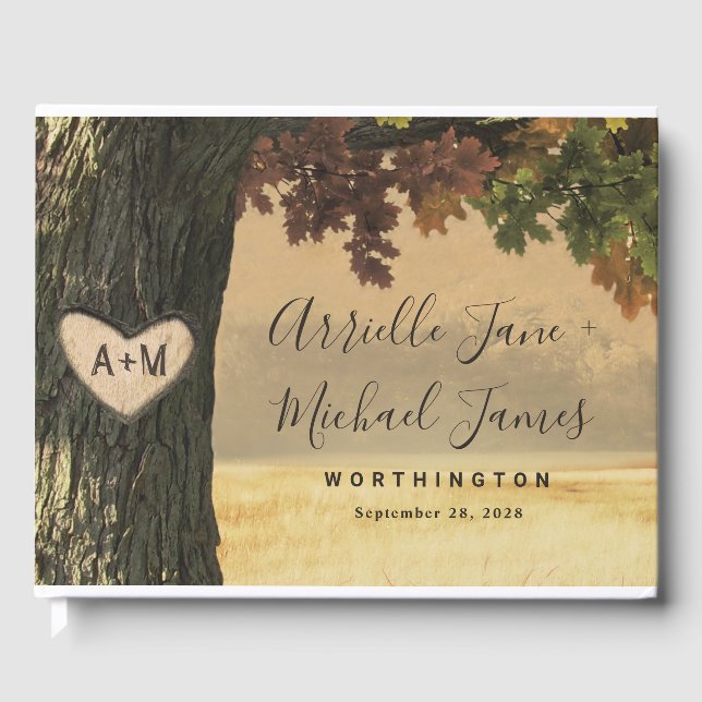 Fall Carved Oak Tree Country Rustic Forest Wedding Guest Book (Front)