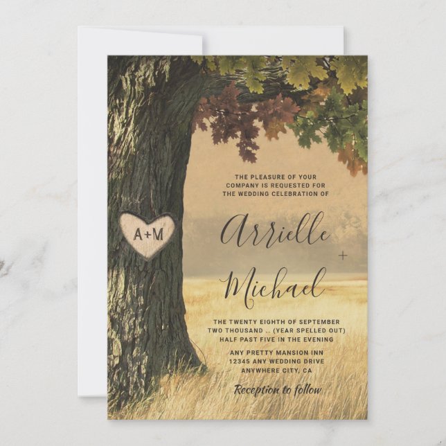 Fall Carved Oak Tree Country Rustic Forest Wedding Invitation (Front)