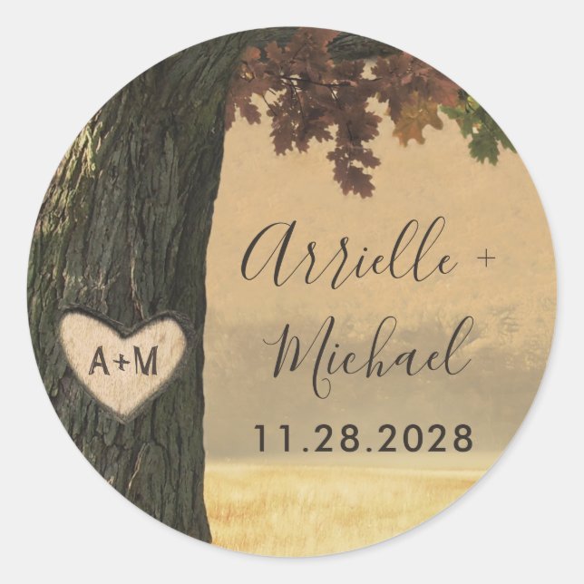 Fall Carved Oak Tree Country Rustic Wedding Favour Classic Round Sticker (Front)