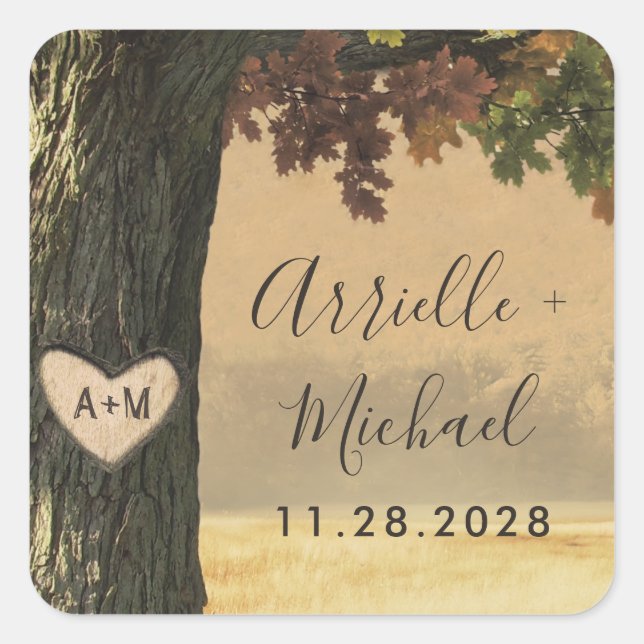 Fall Carved Oak Tree Country Rustic Wedding Favour Square Sticker (Front)