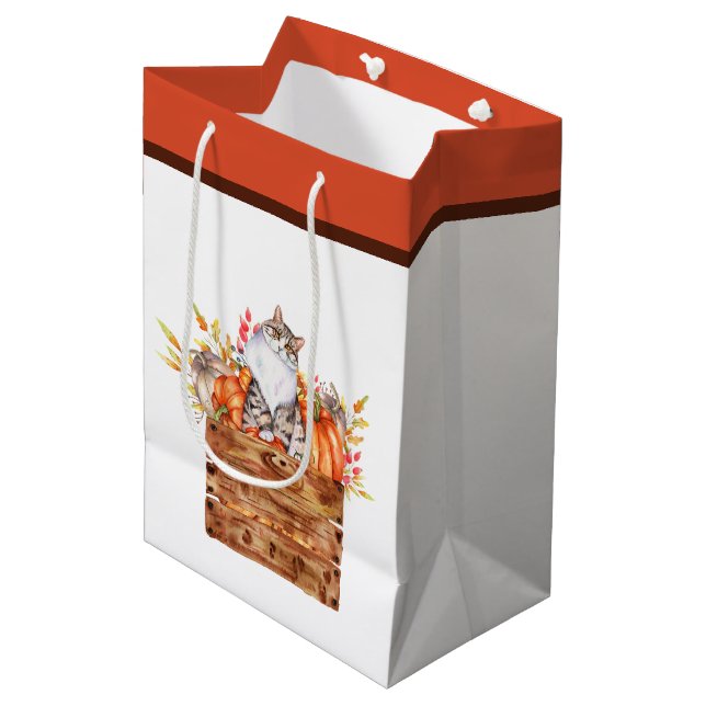 Fall cat and pumpkins in box  medium gift bag (Front Angled)