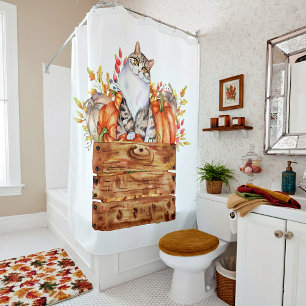 Fall cat and pumpkins in box  shower curtain
