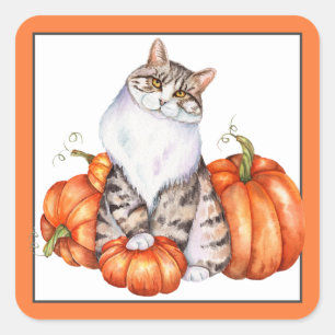 Fall cat and pumpkins square sticker