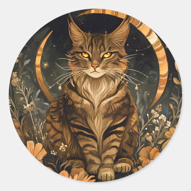Fall cat moon golden flowers classic round sticker (Front)