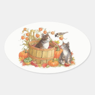 Fall Cats and Bird Oval Sticker