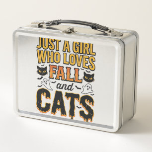Fall Cats Halloween Girl Vintage Graphic Design_1 Metal Lunch Box