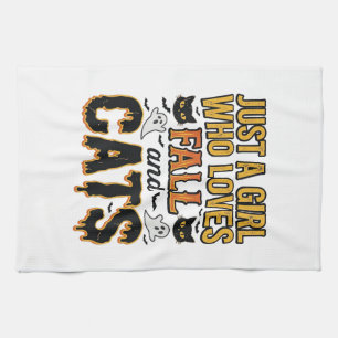 Fall Cats Halloween Girl Vintage Graphic Design_1 Tea Towel