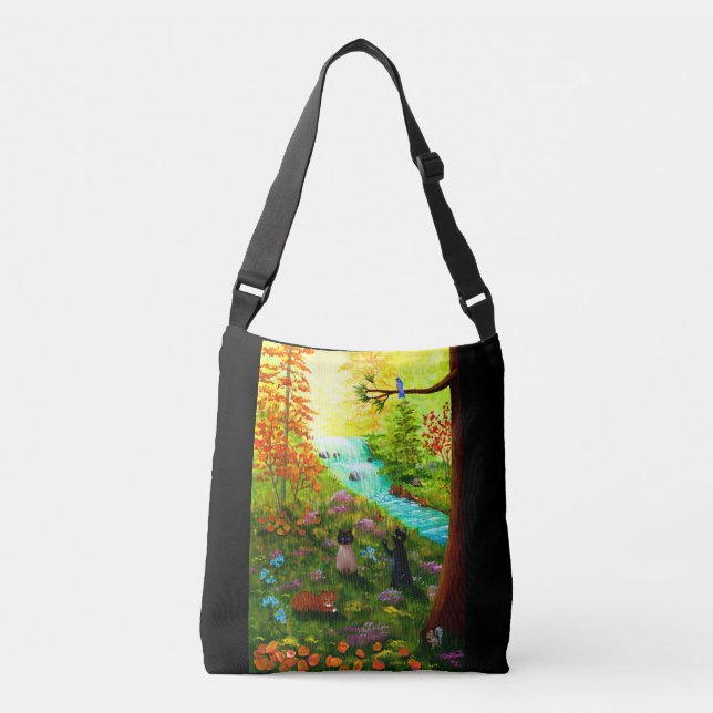 Fall Cats Waterfall Creek Trees Crossbody Bag (Front)
