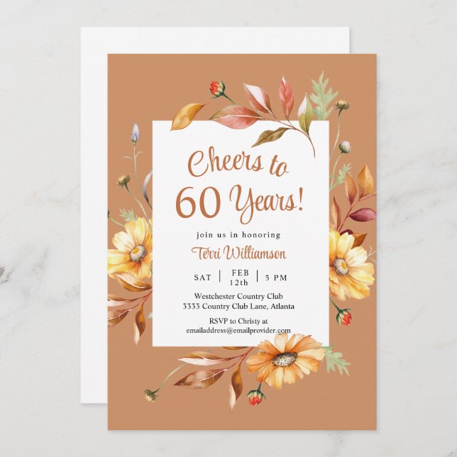 Fall Cheers to 60 Years 60th Floral Birthday Invitation (Front/Back)