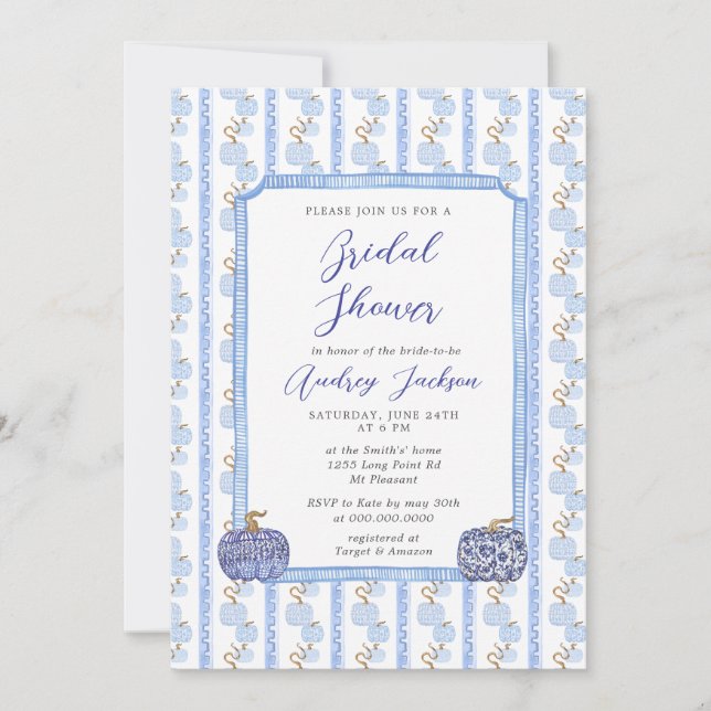 Fall Chinoiserie Blue Pumpkin Bridal Shower  Invitation (Front)
