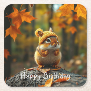 Fall Chipmunk Birthday Square Paper Coaster