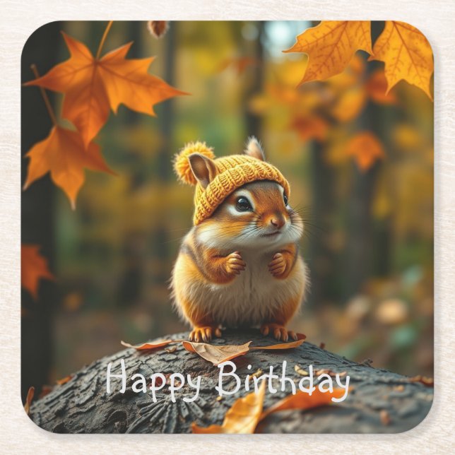 Fall Chipmunk Birthday Square Paper Coaster (Front)
