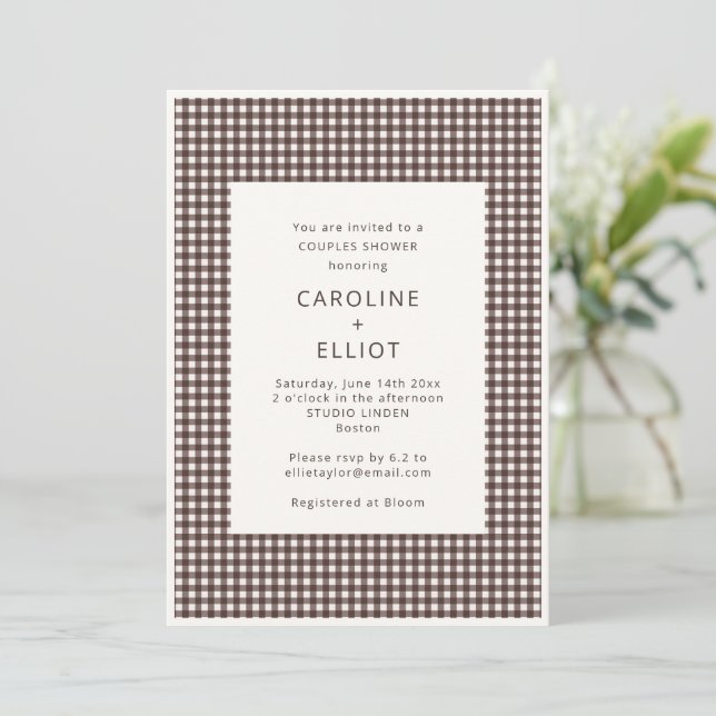 Fall Chocolate Brown Gingham Plaid Couples Shower Invitation (Standing Front)