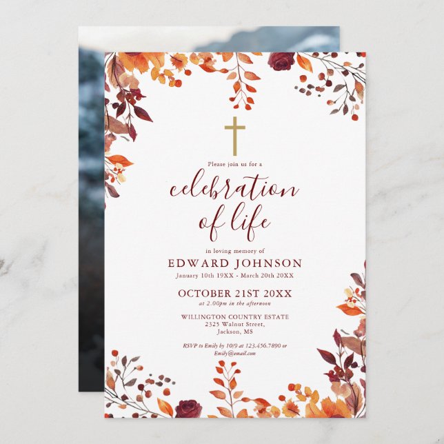 Fall Christian Celebration Of Life Funeral Photo Invitation (Front/Back)