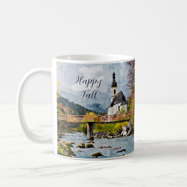 Fall church and trees with customisable text  coffee mug (Left)