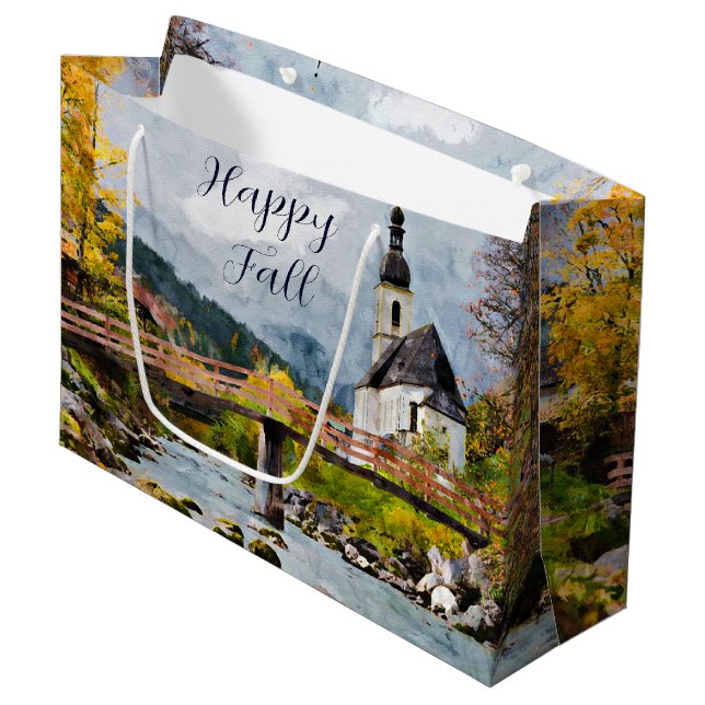 Fall church and trees with customisable text  large gift bag (Front Angled)